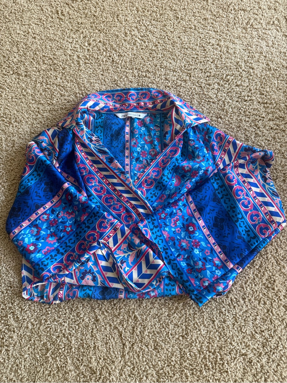 Zara Blue Floral Geometric Silk Blouse
